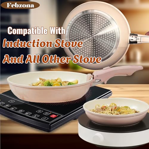 Image of Febzona 6 Pcs Pots and Pans Non Stick Cookware Combo Set Induction Ready, with Detachable Handle, Stackable Kitchen Cooking Set Removable Handle, Oven Safe, frypan Tea pan Utensils (Pink Dual)