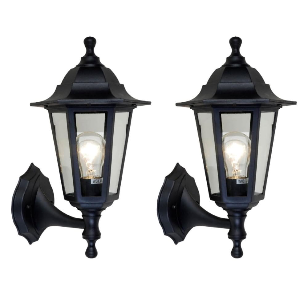 Britalia Black 2 Pack - & Clear Glass Panel Outdoor Vintage Up Coach Lantern Wall Light | Ip44 Rated | 36Cm Height | 1 X Es E27 Lamp Required | Garden - Patio - Driveway | Polycarbonate Coastal