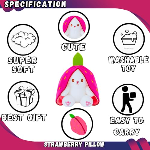 Image of Reversible Bunny Rabbit Soft Toy - 30cm with Strawberry Cover | Stuffed Animal Plushie Doll for Kids Baby Girls Boys for Birthday, Valentine, Return Gift | Pink&White Toy with Chain