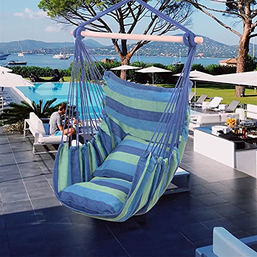 Hammock Chair Distinctive Cotton Canvas Hanging Rope Chair with 2 Pillows (Blue)