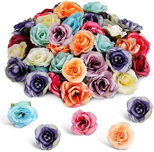 Jutom 60 Pieces Faux Flower Heads in Bulk Mini Artificial Flowers Heads Silk Roses Blossom Heads Multicolor Flowers DIY Silk Rose Flower for Crafts Wedding Garland Decor, 1.6INCH