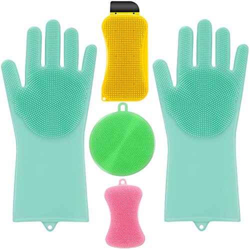 Dishwashing Silicone Scrubber Set 1 Pair Green Silicone Dishwashing Scrubbing Mittens and 3 Pieces Reusable Silicone Sponges Scrubber Green Yellow Pink for Kitchen Bathroom Dishes Cleaning