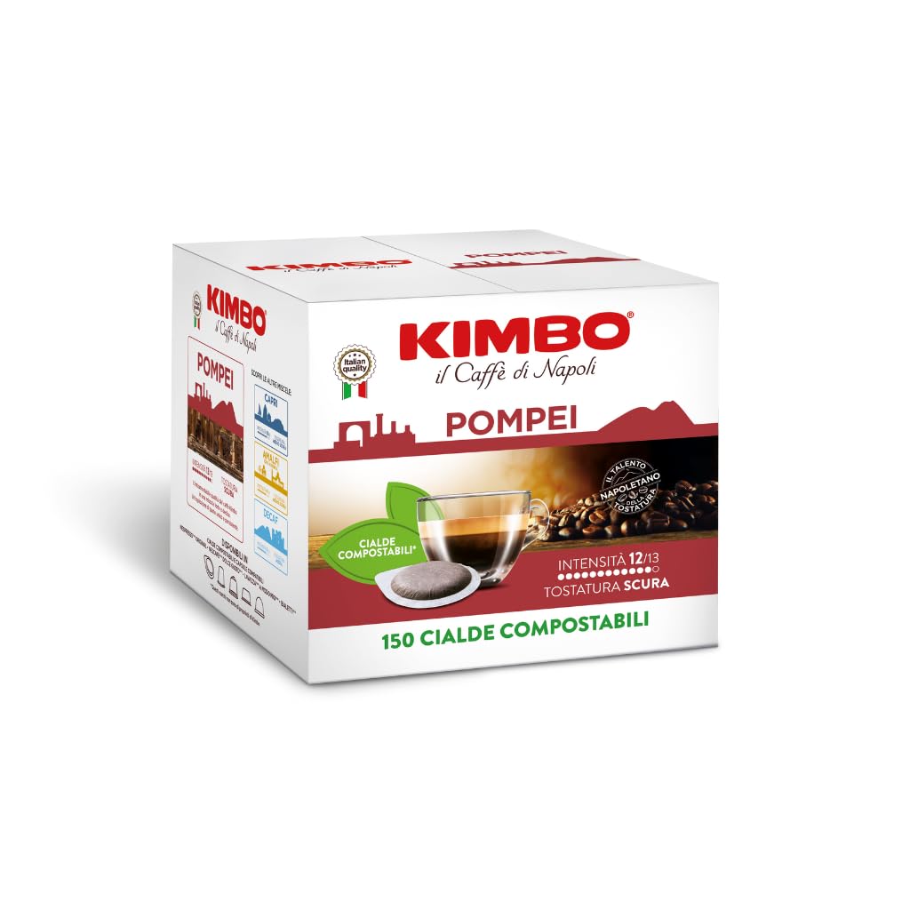Kimbo, Pompei, Le Meraviglie del Gusto, 600 cápsulas compostables, mezcla intensa y con carácter, intensidad 12/13, tueste oscuro, 4 packs de 150 cápsulas