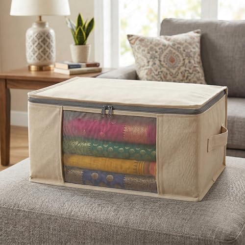 Image of Lukzer Cotton Canvas Large Saree Cover Bags for Storage with Zip & Transparent Mesh Window /Clothes Organizer for Wardrobe - Set of 06 | Saree Bags Designed for Lehengas /Blankets /Dresses - 44x31x19 CM