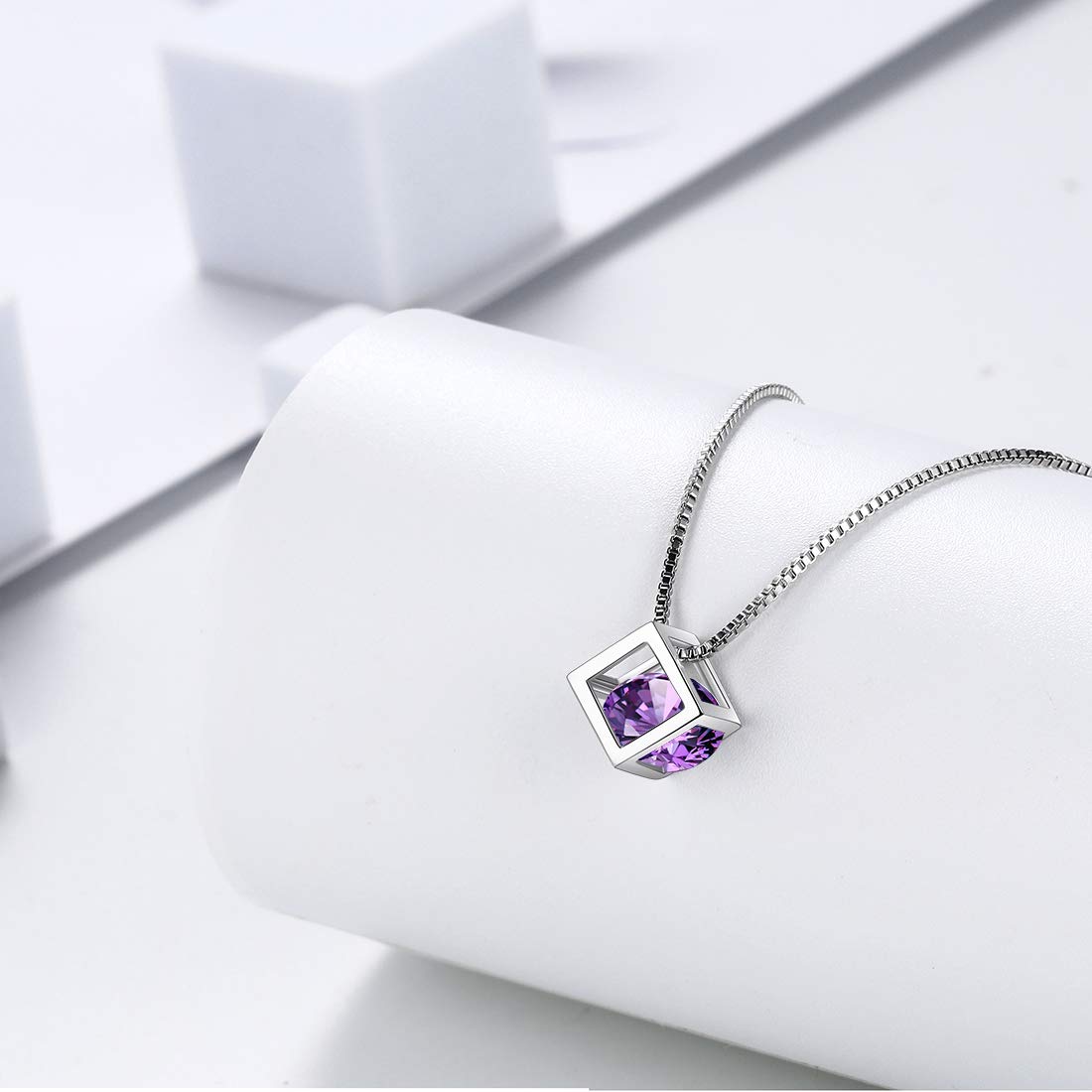 Aurora Tears 925 Sterling Silber Birthstone Halsketten Ohrstecker Schmuck Sets Geschenke Quadrat Birthstone Anhänger für Frauen und Mädchen