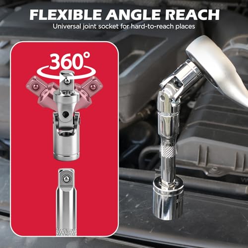 Image of 9-Piece Socket Extension Bar Set, 1 /4 inch & 3 /8 inch Drive Ratchet Extensions 2 inch, 3 inch, 4 inch, 6 inch, 8 inch & 10 inch with Universal Joints, CR-V Steel for Tight Spaces