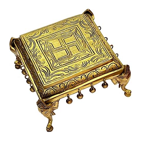 eSplanade Decorative Brass Mandir Chowki with Elephant Pillars & Ghungroo | Pooja God Stool (9" x 9" Inches) Cover