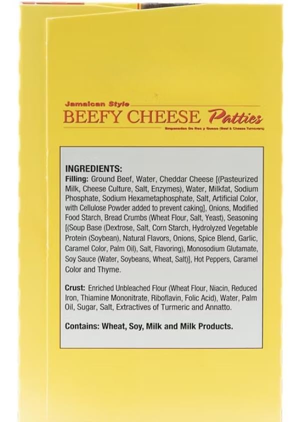 Food Delights Jamaican Style Beefy Cheese Patties are made with ground beef and real cheddar cheese. Each patty is wrapped with a flaky crust for easy hand-held snacking. 10 ct [ 50 oz, 3.12 lb ]