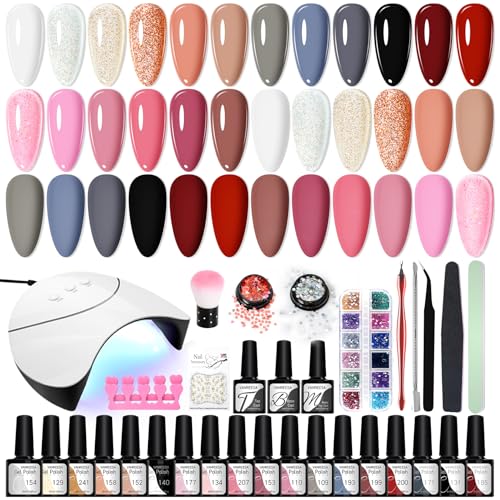 VANREESA Uñas Semipermanentes Kit Completo, 18 Colores Kit Uñas Semipermanentes con Lámpara UV 36W Clásico Nude Rosa Ferroso Parpadeo Set Manicura con Herramientas de Manicura, Regalos para Mujeres