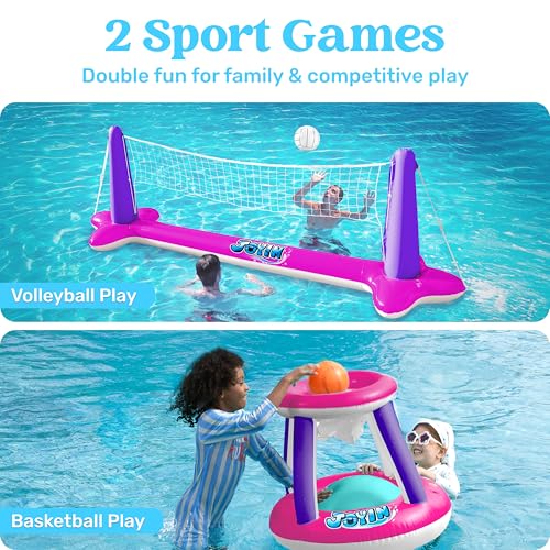 Image of JOYIN Inflatable Pool Float Set Volleyball Net & Basketball Hoops, Floating Swimming Game Toy Floaties for Kids and Adults Volleyball Court (105 inchx28 inchx35 inch)|Basketball (27 inchx23 inchx27 inch),L-Pink Purple