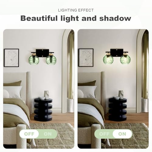 Image of Mid Century Wall Lamp 2-Light Green Glass Bathroom Vanity Light Fixture Shade Vintage Black Wall Sconce Light for Living Room Hallway Bedside (2-Light, Green)
