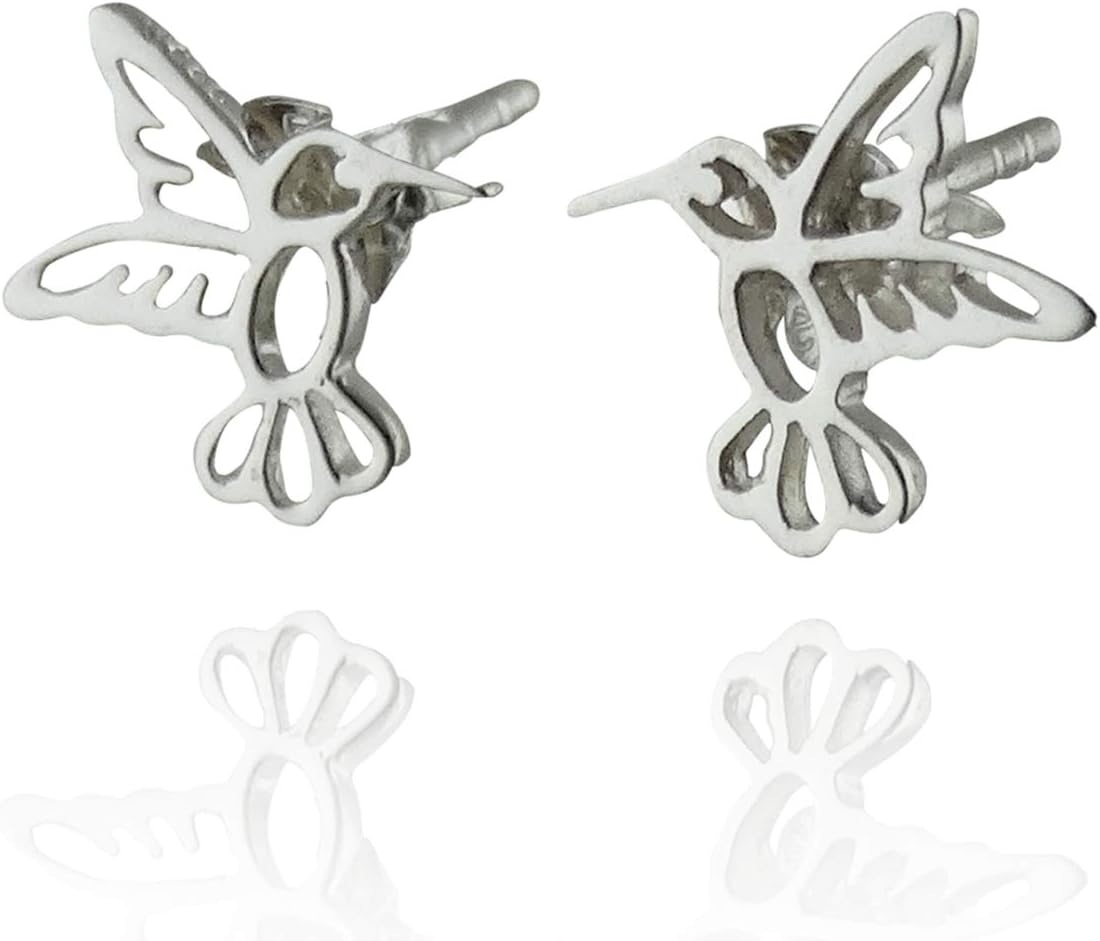 Sterling Silver Polished Tiny Hummingbird Outline Stud Earrings, Posts with Butterfly Backings