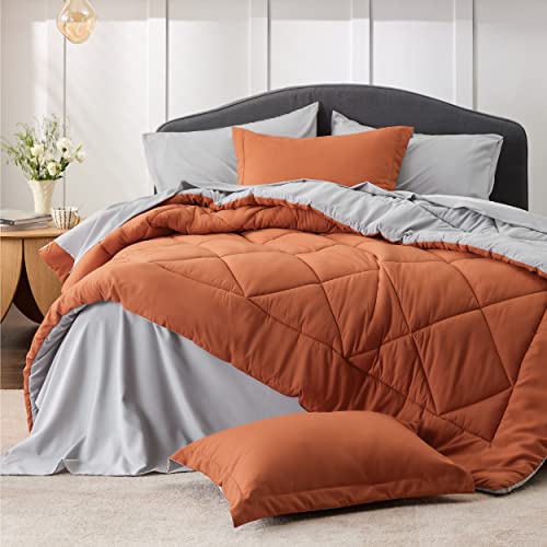 Image of Bedsure Twin XL Comforter - 5 Pieces Reversible Burnt Orange Bed in a Bag, Twin XL Bedding Comforter Set College Dorm Essentials with 1 Flat Sheet, 1 Fitted Sheet, 1 Pillowcase and 1 Pillow Sham