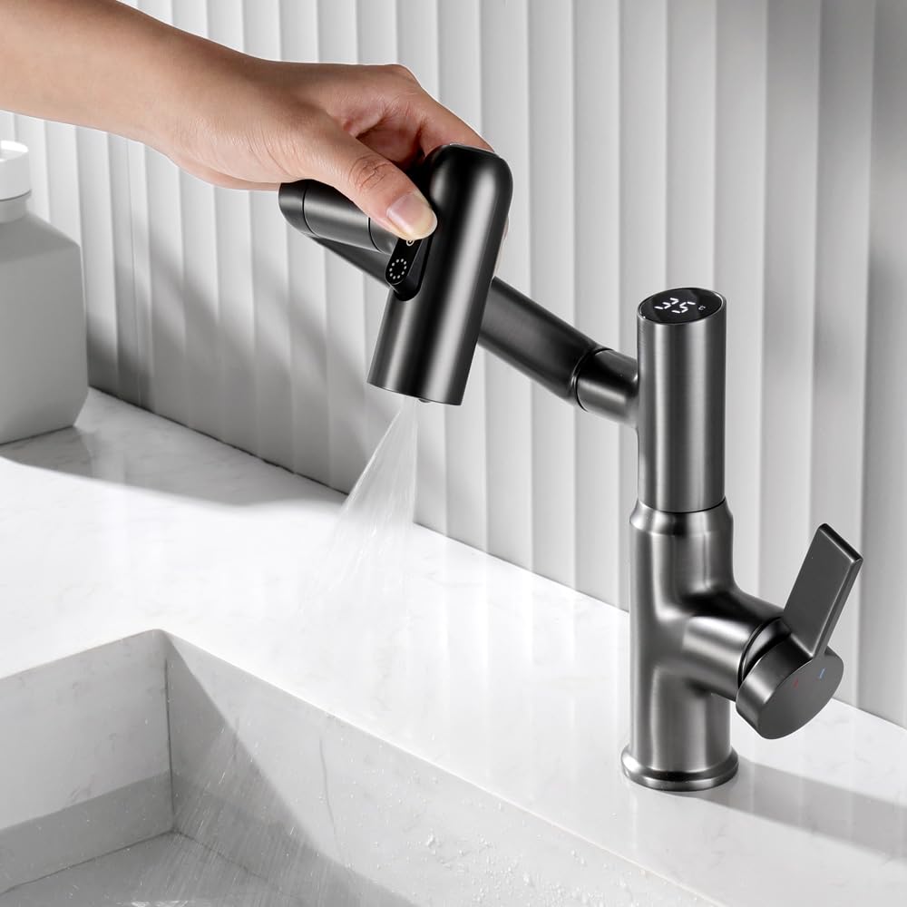 Smart Temperatur Badezimmer Wasserhahn, Einhand-Badezimmerarmatur, Waschbeckenarmatur, Küchenarmaturen (mattgrau)