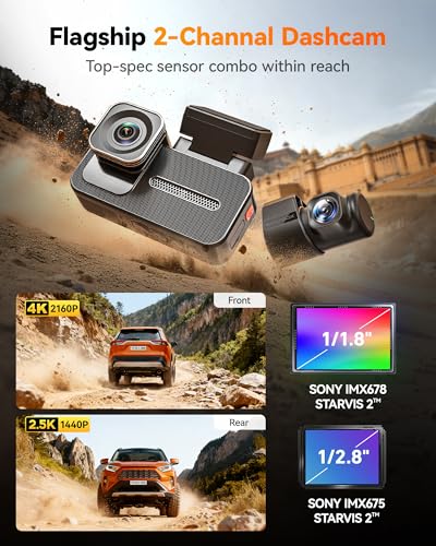 Image of WOLFBOX X5 Duo Dual Dash Cam for Car | 4K Front + 2.5K Rear Recording with 8MP STARVIS2 IMX678 /IMX675 | Anti-Shake Video | GPS & 5.8GHz WiFi | Voice Commands | Touchscreen | Parking Mode | 64GB Card