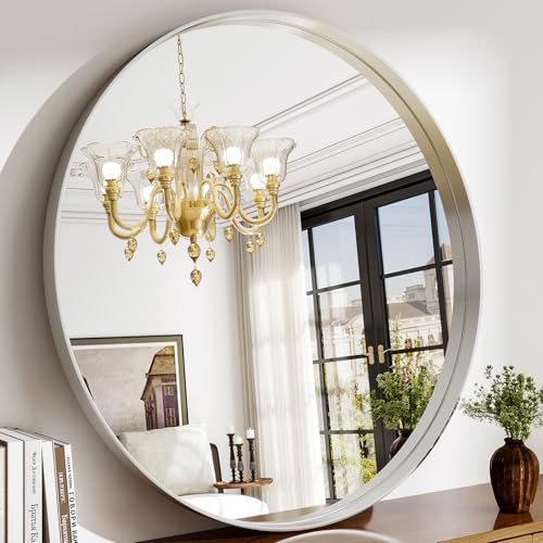48 Inch Round Bathroom Mirror - Wall Mounted Circle Mirror with Metal Frame Modern Mirror Suitable for Bathroom Vanity Entryway Living Room Wall Decor Silver