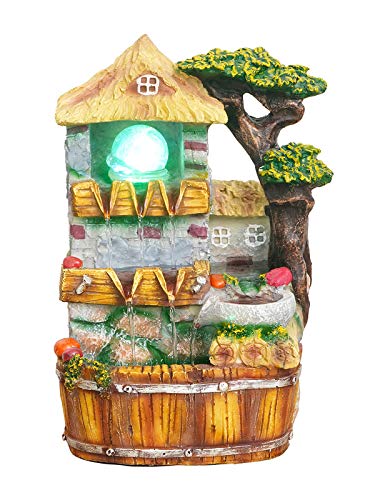 INDIANA CRAFT Polyresin Hut Style Tabletop Indoor 3 Steps Water Fountain for Home Decor with LED, Speed Controller Pump & Crystal Ball (Size: 35 x 24 x 19CM |Colour: Multi | Weight: 2055 Gram)