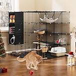 YITAHOME Large Cat Cage with Storage Cube, DIY Indoor Catio Enclosure Metal Playpen with Hammock for Multiple Pets, 4-Tiers Black Cat Kennel, 140 x 140 x 140cm