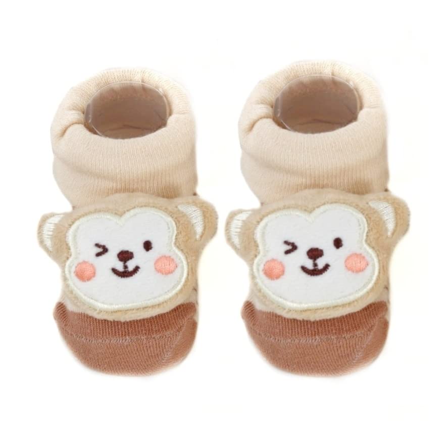 Yellow Bee Cotton Monkey Anti-Skid Socks for Boys 1 Pair, Beige, 0-9 Months