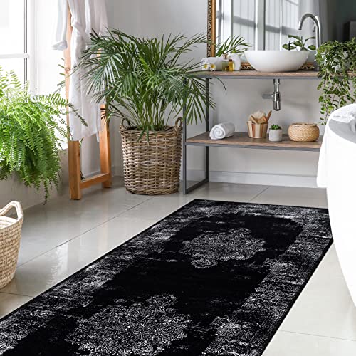 Camilson Machine Washable Runner Rugs With Non Slip (Anti-Slip) For Kitchen Hallway Entryway, Vintage Medallion Runner Rug 2X7, Stain And Water Resistant, Bohemian Indoor Carpet (2 X 7, Black White) #TOP1