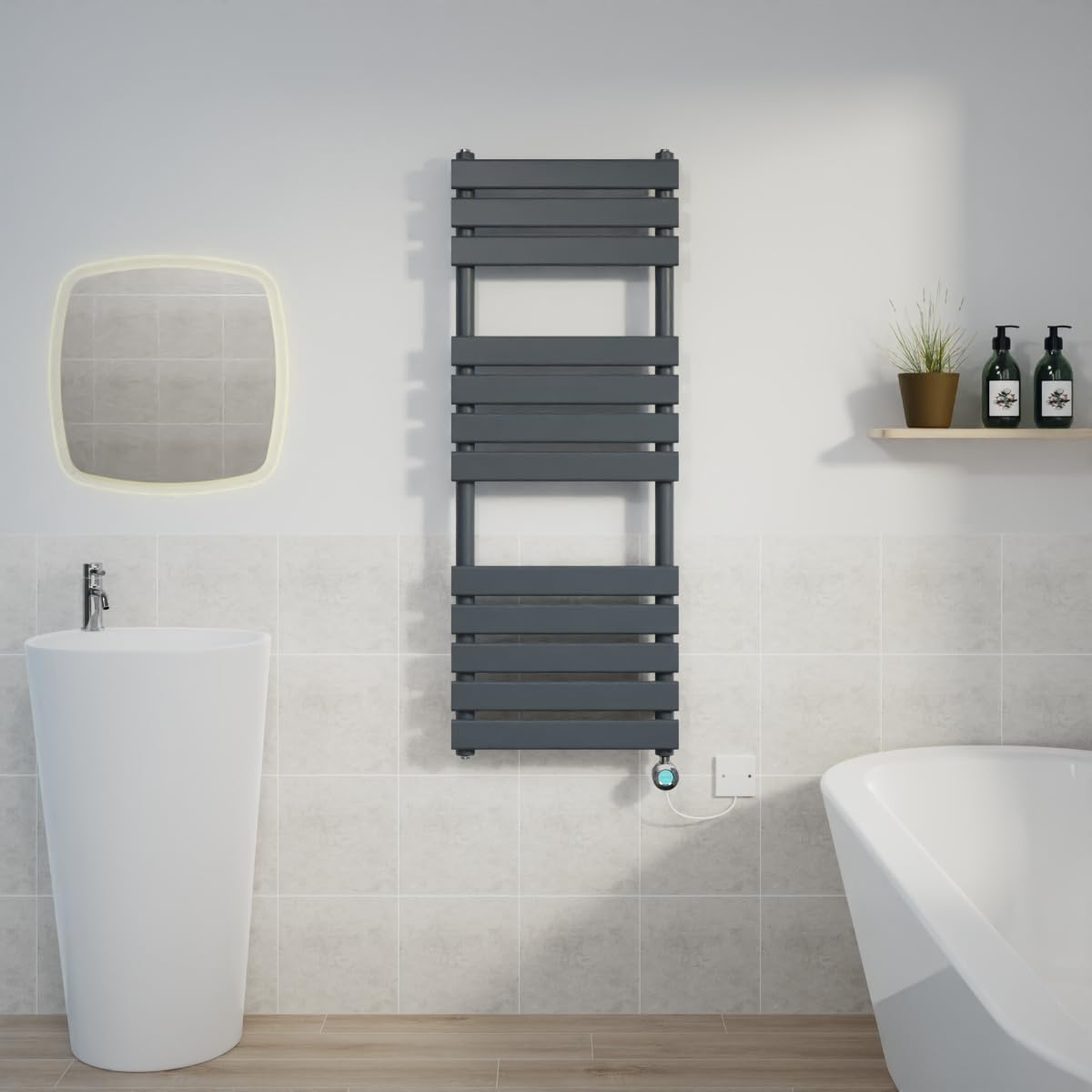 Warmehaus 1200x450mm Sand Grey Designer Flat Panel Electric Heated Towel Rail Thermostatic Bathroom Towel Radiator with Chrome Timer Element 600W