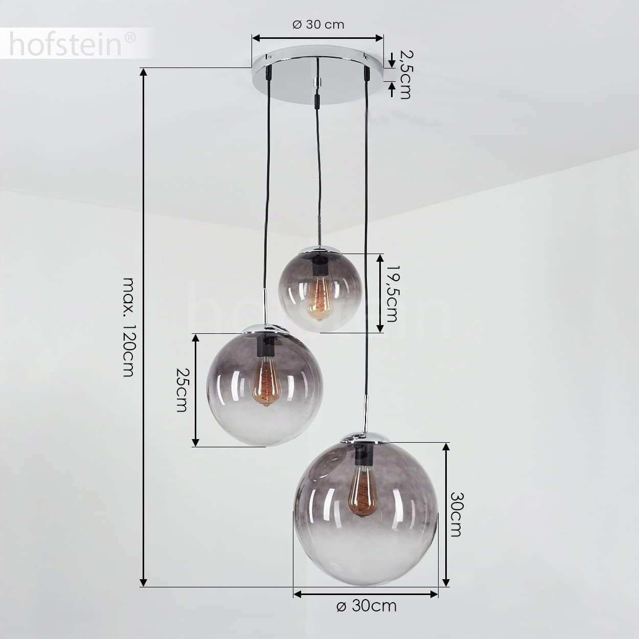 Lampada a sospensione Degevos, lampada a soffitto a 3 luci in metallo/vetro in colore cromo, lampada a sospensione moderna con sfere in vero vetro, altezza massima 120 cm, 3 x E27, senza lampadina/e