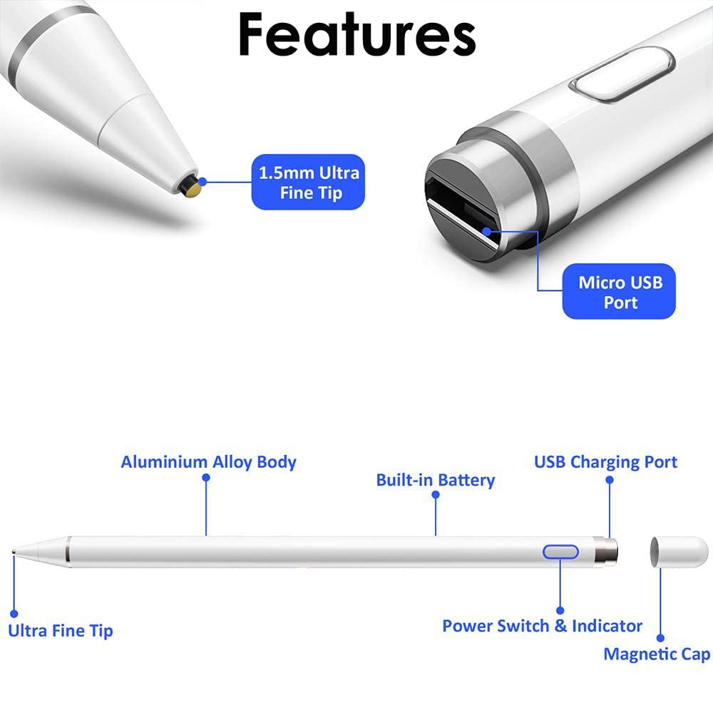 Techgear Lot de 5 stylets tactiles rechargeables haute précision et sensibilité compatibles avec iOS, Android, iPad, iPad Pro, iPhone, Samsung, tablette Lenovo et autres appareils à écran tactile