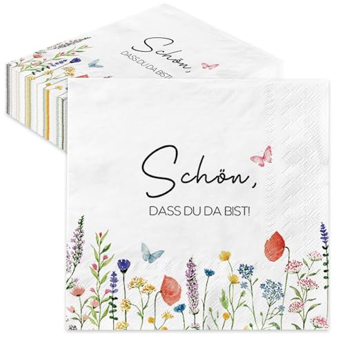 60 Stück Servietten Schön Dass Du Da Bist Blumen & Schmetterling Design 33x33 cm Papier-Servietten Hochzeit Geburtstag Frühling Ostern Tischdekoration