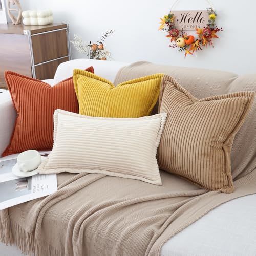 Mecatny Corduroy Fall Throw Pillow Covers 24x24 Set of 2, Neutral Decorative Soft Burnt Orange Boho Couch Pillow Covers with Broadside for Sofa Living Room, Rust