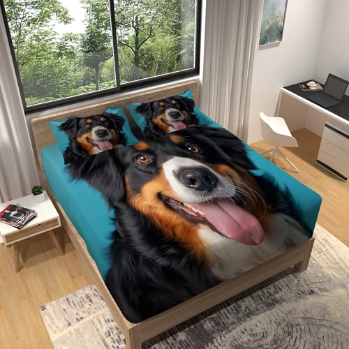 Sábana ajustable Animales Perro De MontañA De BernaAzul Negro Sábana ajustable de microfibra cepillada suave de fácil cuidado Sábana 180 x 200 cm, Sábana bajera ajustable de bolsillo profundo de 30 cm