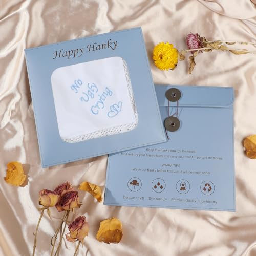 Image of HOULIFE Wedding Handkerchiefs for Bride Something Blue Bride Groom Gift | Soft Material, Breathable & Durable, Handkerchief for Bride on Wedding Day, Lace Edge
