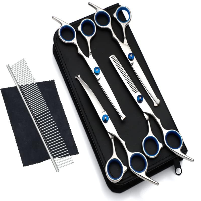 Newaner Tijeras para Peluqueria Canina Profesional, Tijeras de Acero Inoxidable con Puntas Redondas de Seguridad, Incluye Tijeras para Adelgazar, Curvas y Rectas, Peine, Azul