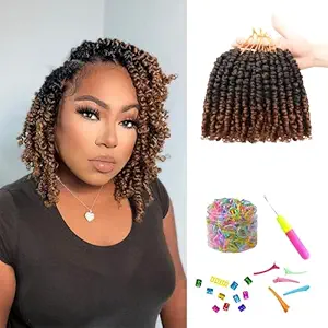 Pre-Twisted Passion Twist Crochet Hair for Black Women Passion Twist Hair Pre Looped Bohemian Braids 6 Inch 8 Packs Ombre Black to Brown Short Bob Curly Crochet Braiding Hair Extensions(6"-8P T30)