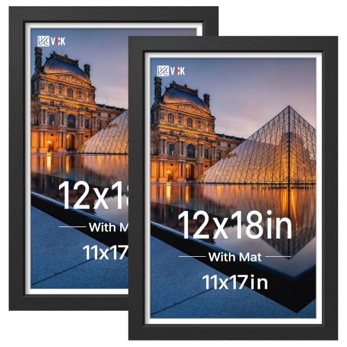 Image of VCK 12x18 Picture Frame with Real Glass, Black Wood, 11x17 Mat, 2 Pack