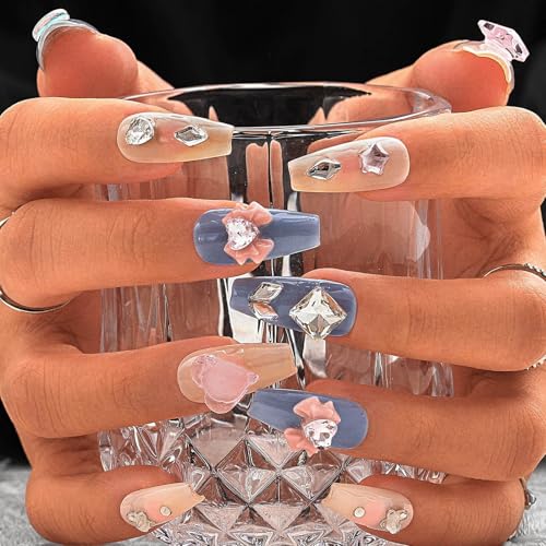 Sethexy Colorido Rhinestone Ataúd largo Uñas Postizas Cristal 3D Uñas Postizas Lujo Hecho a mano Presione en el clavo Calidad duradera de salón Uñas Brillantes para mujeres y niñas(U)