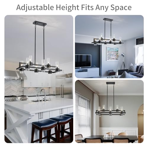 Image of WUZUPS Island Rectangle Chandelier 8-Light with Clear Glass Industrial Modern Farmhouse Linear Light Fixture for Dining Room Kithen Island, Width 33.5 inch Height 12.6 inch, Black