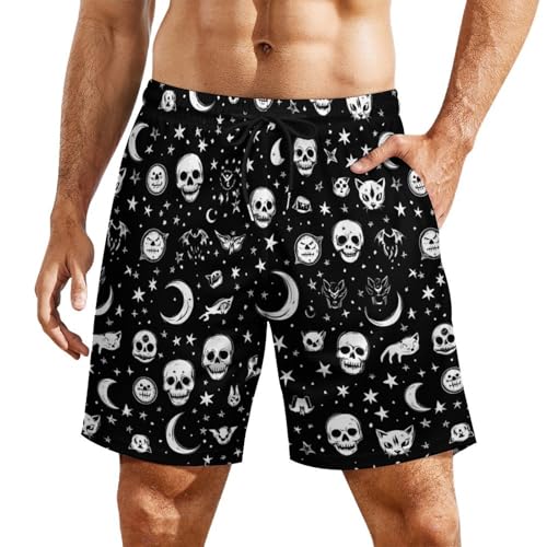 Skull Cat Moon Gothic Mens Swim Trunks Quick Dry Beach Shorts with Compression Liner and Pocket