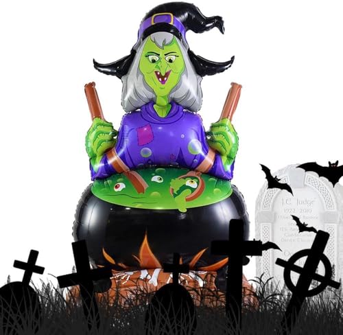 Image of AMFIN (Pack of 1) Self Standing Halloween Witch Cauldron Foil Balloon - 44 Inch Large Inflatable Witch with Cauldron Decoration -Multi