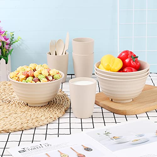 Wheat Straw Dinnerware Set (32Pcs)| Unbreakable Tableware Set Dishwasher & Microwave Safe Eco-Friendly Reusable Dinner Dessert Plates, Bowls, Mugs, Cutlery Beige #TOP3