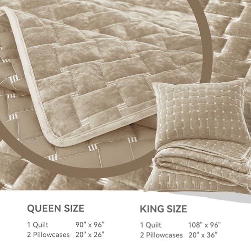 Image of Grassix Velvet Quilt Set Queen Size, Luxury Geometric Design, Beige Taupe | Lightweight Velvet Comforter with 2 Pillow Shams, Ultra Soft Bedspread Coverlet, Quilted Bedding Set for All Seasons, 90 inchx96 inch