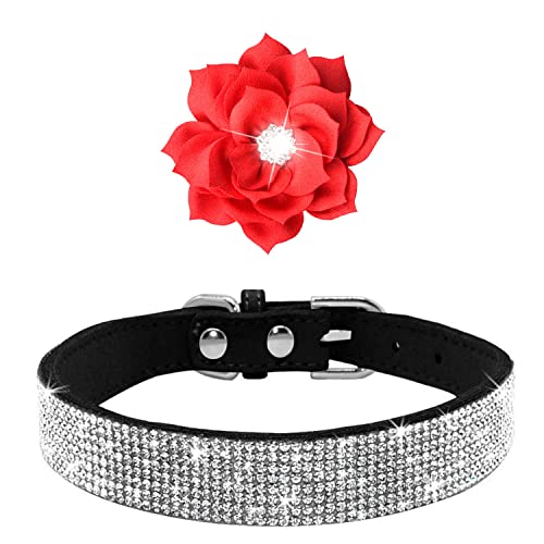 Pimaodog Rhinestone Dog Collar, Cute Dazzling Sparkling Soft Suede Leather Adjustable Pet Dog Cat Collar Crystal Diamond For Puppy Small Medium Large Dogs (S:26-32Cm, Hot Pink-6) #TOP4