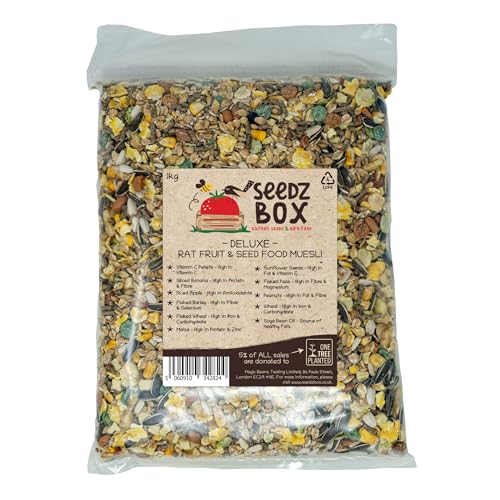 Deluxe Rat & Mouse Food 1kg Fruity Seed Nut Muesli Feed Including Banana Apple Sunflower Seeds Peanuts Barley & Vitamin C Fancy Dumbo Rex Hairless Hooded Manx Satin Rats - Seedzbox