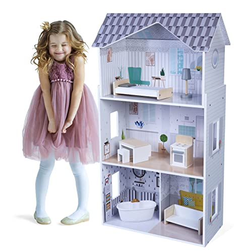 Großes Puppenhaus Traumhaus Set aus Holz mit 8tlg. Zubehör Weiss für Barbie und 29 cm Spielpuppen52x27x95 cm, 3 Etagen – Bild 4