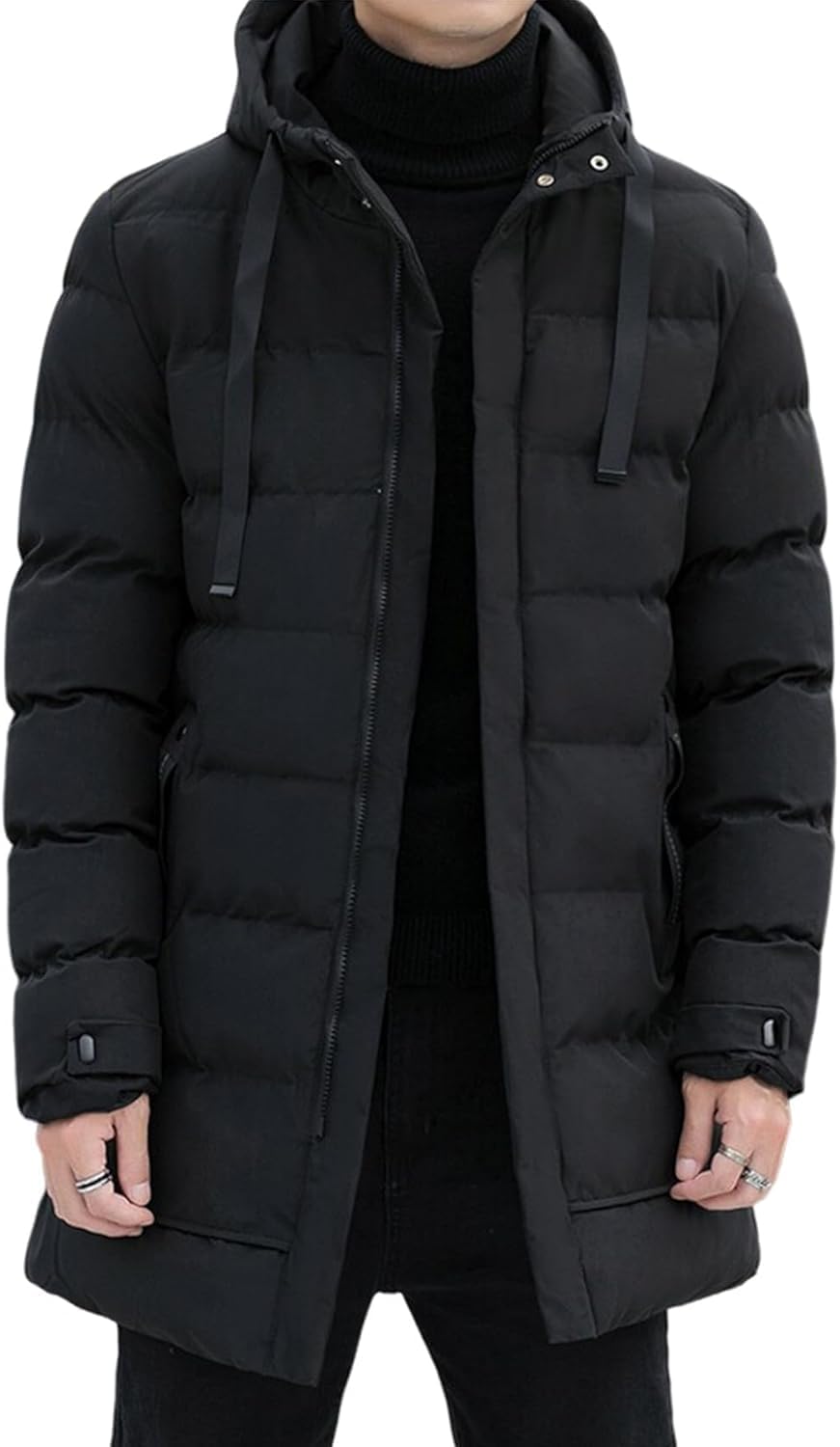Piumino invernale da uomo, con cappuccio, cerniera, lungo, caldo, imbottito, con tasche