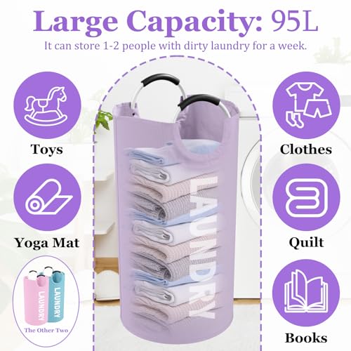 Image of 3PCS 95L Laundry Basket, Collapsible Clothes Hamper with Handle, 600D Oxford Cloth Laundry Bin, Stand-alone Dirty Clothes Hamper for Livingroom, Bedroom, Family, Pink+Blue+Purple