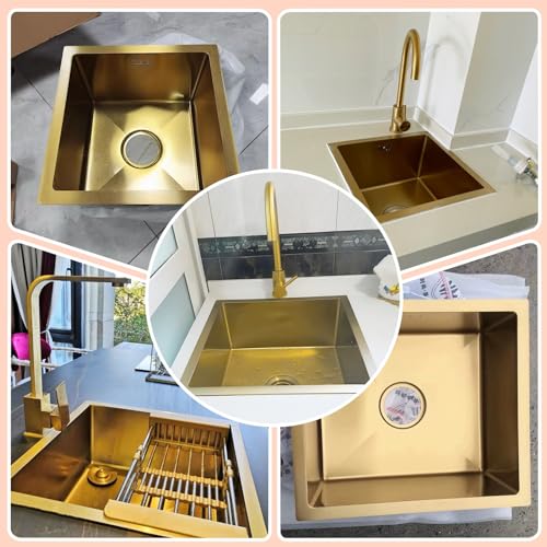 Fregadero de cocina una sola ranura de acero inoxidable cuadrado dorado con tubo de drenaje 36x36cm 8