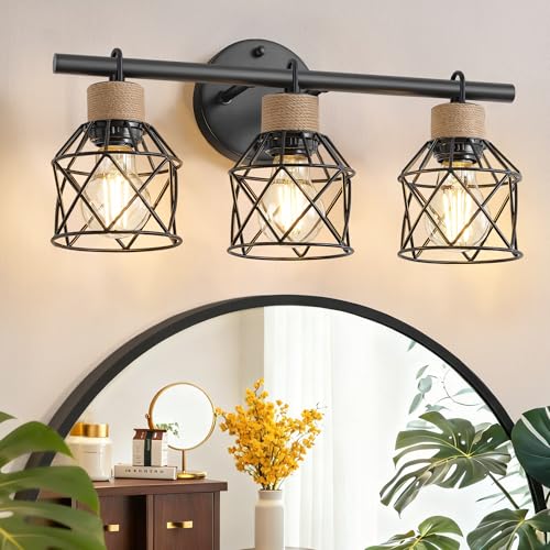 3-Light Farmhouse Bathroom Vanity Light Fixtures Over Mirror, Matte Black Vanity Lights with Metal Cage Lampshade, Vintage Bathroom Sconces Wall Lighting for Living Room Bedroom Hallway Cabinet