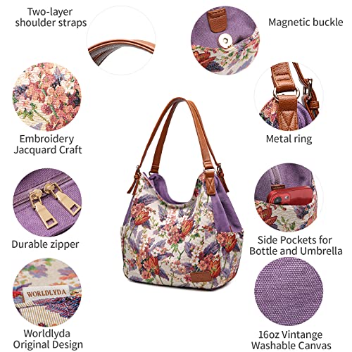 Image of Worldlyda Women Canvas Hobo Purse Multi Pocket Tote Shopper Shoulder Bag Casual Top Handle handbag with Embroidery Ethnic