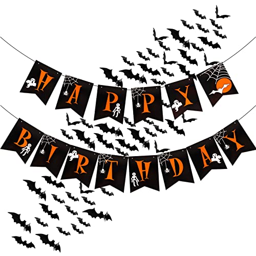 BETESSIN Kit de Décoration Anniversaire Halloween 1Pc Guirlande Happy Birthday Bannière Banderole et 60Pcs 3D Autocollants Chauve-souris Stickers Muraux Halloween