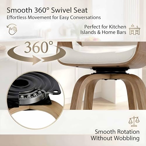 Image of 26'' Modern Barrel Swivel Counter Stools Counter Height Swivel Bar Stools with Backs Set of 2, Beige Linen Upholstered Bar Height stools, Farmhouse Solid Wood Barstools for Kitchen Island, Home Bar